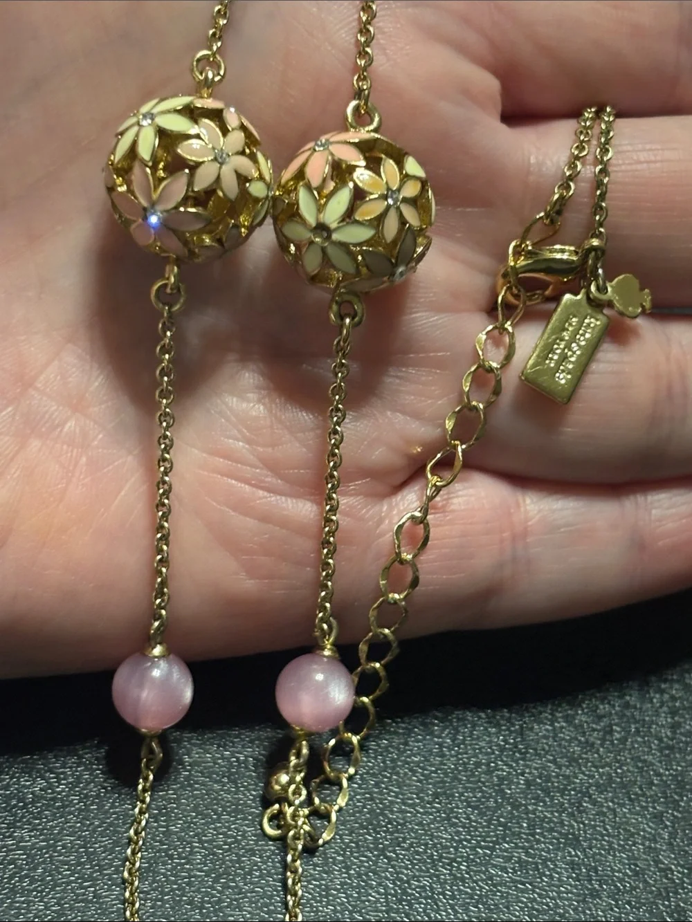 kate spade At‎ First Blush Gold Floral Enamel Necklace with Pink Bead Drops